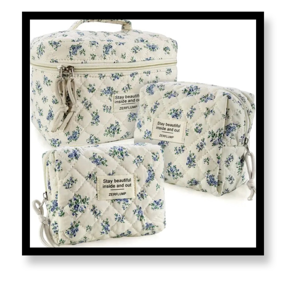 Floral Quilted Cosmetic Bag Set in Cream and Blue